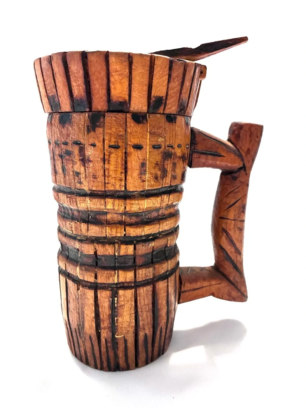 Vintage (1975) handmade, rustic wooden beer tankard